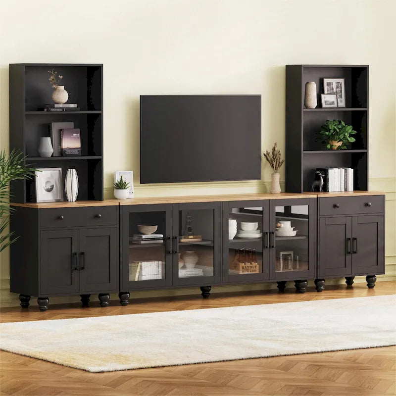 Zwart + donker walnootkleurig tv-meubel in landelijke stijl met boekenkasten en deuren van gehard glas voor tv's tot 70