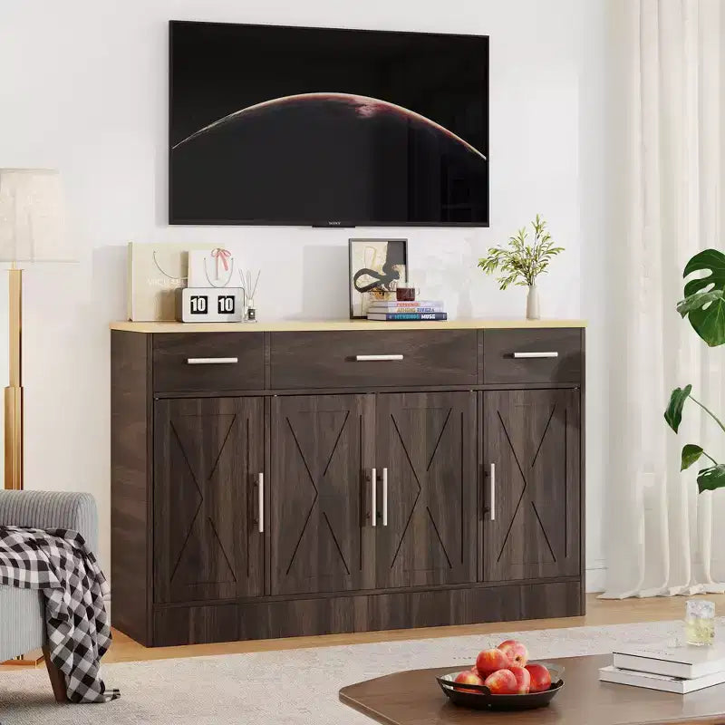 Credenza Celebalcony con contenitore, grande mobile da cucina da 53.4 con 3 cassetti e 4 ante, ripiano regolabile per cucina e soggiorno