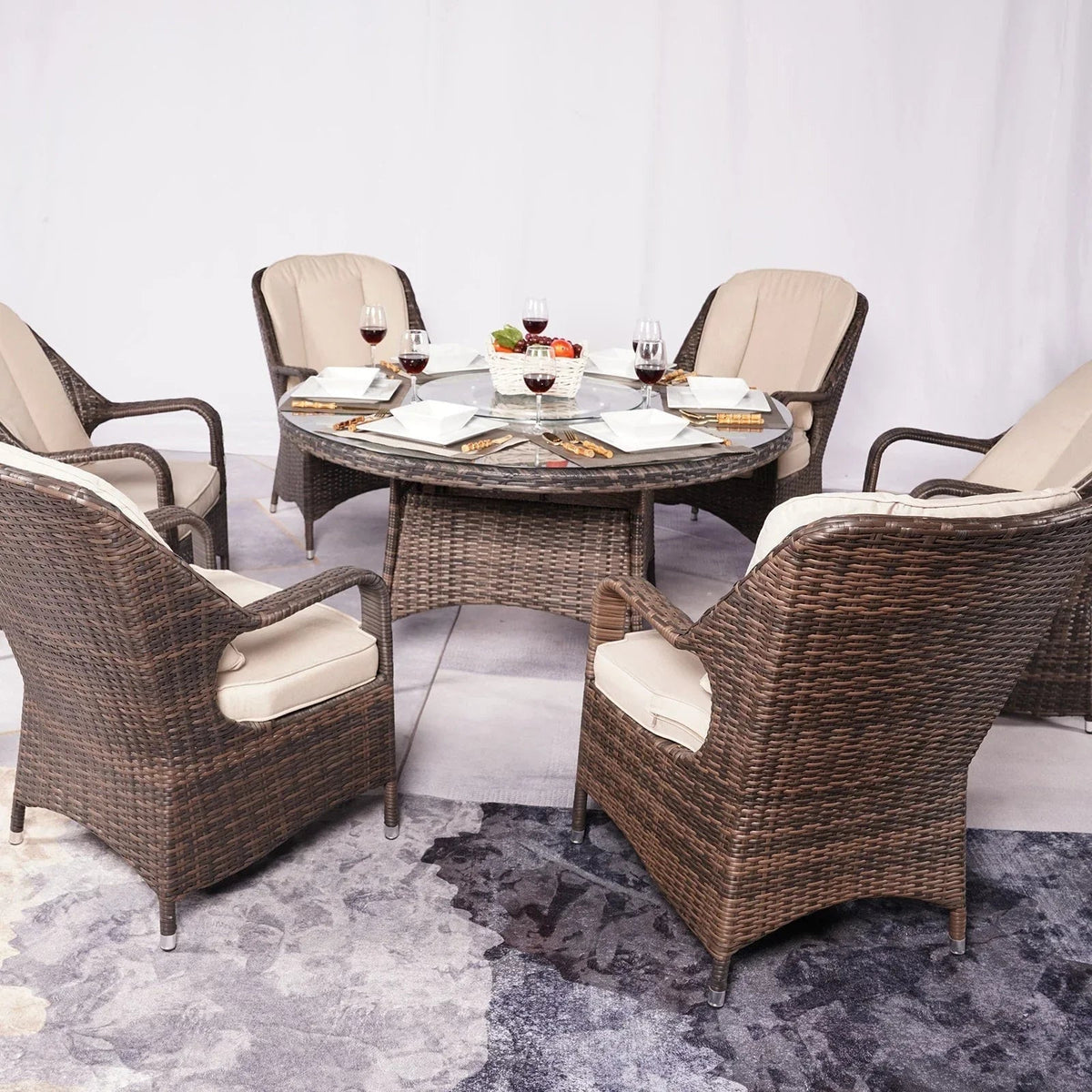 Ensemble de salle à manger rond de patio en rotin tressé d’extérieur, 7 pièces avec coussins, par Moda Furnishings