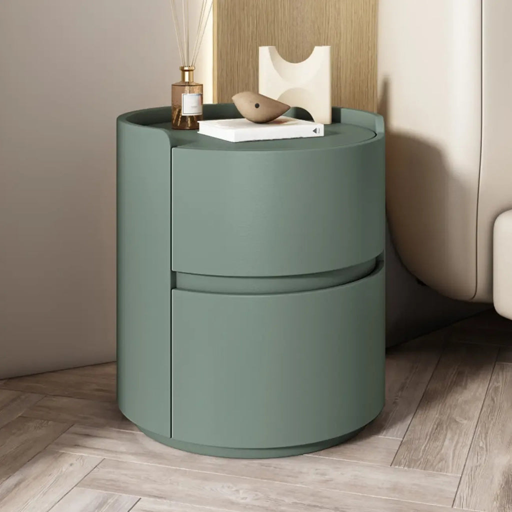 Comodino rotondo moderno con vassoio in pelle e 2 cassetti