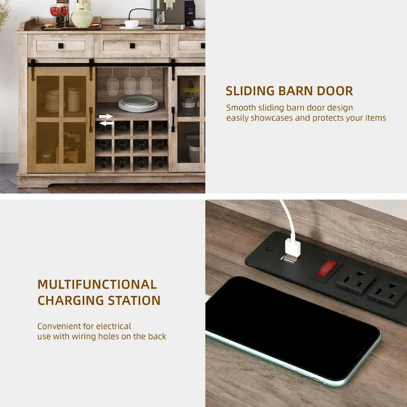 Credenza buffet con ante scorrevoli stile fienile da 53, portabottiglie e mobile contenitore per cucina