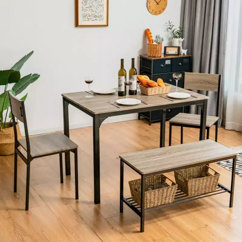 Costway eettafelset met 4 delen, rustieke tafel, 2 stoelen en bank met opbergrek