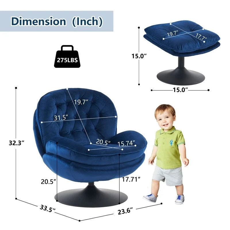 Fluwelen draaifauteuil met voetenbank, ronde leesfauteuil met voetenbankset, 360 draaibaar, metalen frame