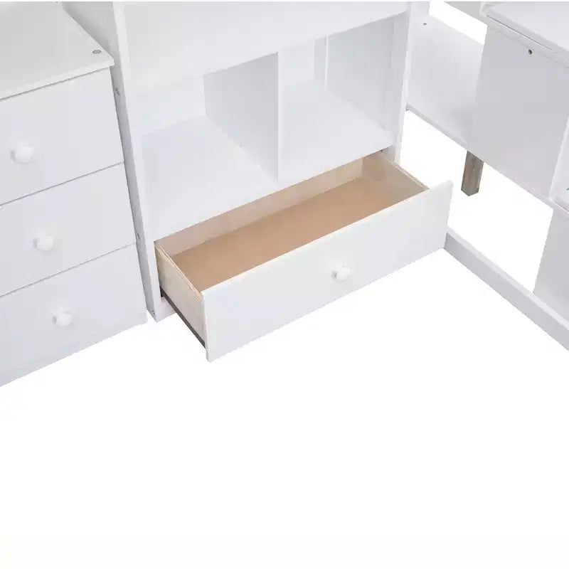 Lit mezzanine simple avec bureau en L, 3 tiroirs, armoire, rangement sous l’escalier, structure en pin massif/MDF