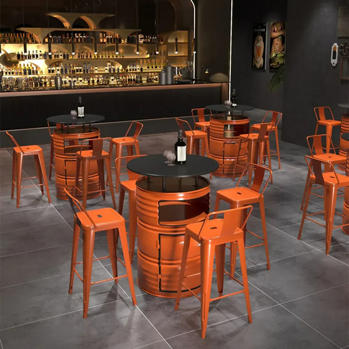 Industrielle schwarze und orangefarbene Metallfass-Tische mit Stauraum