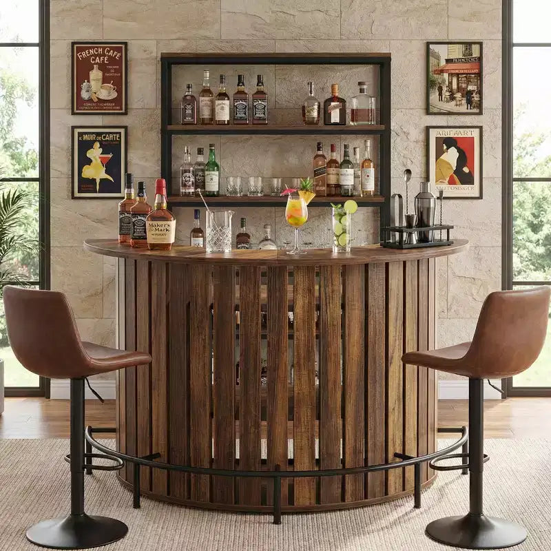 Mini bancone bar contenitore a 4 ripiani con forma arcuata, mobile bar moderno rustico con poggiapiedi e struttura in MDF