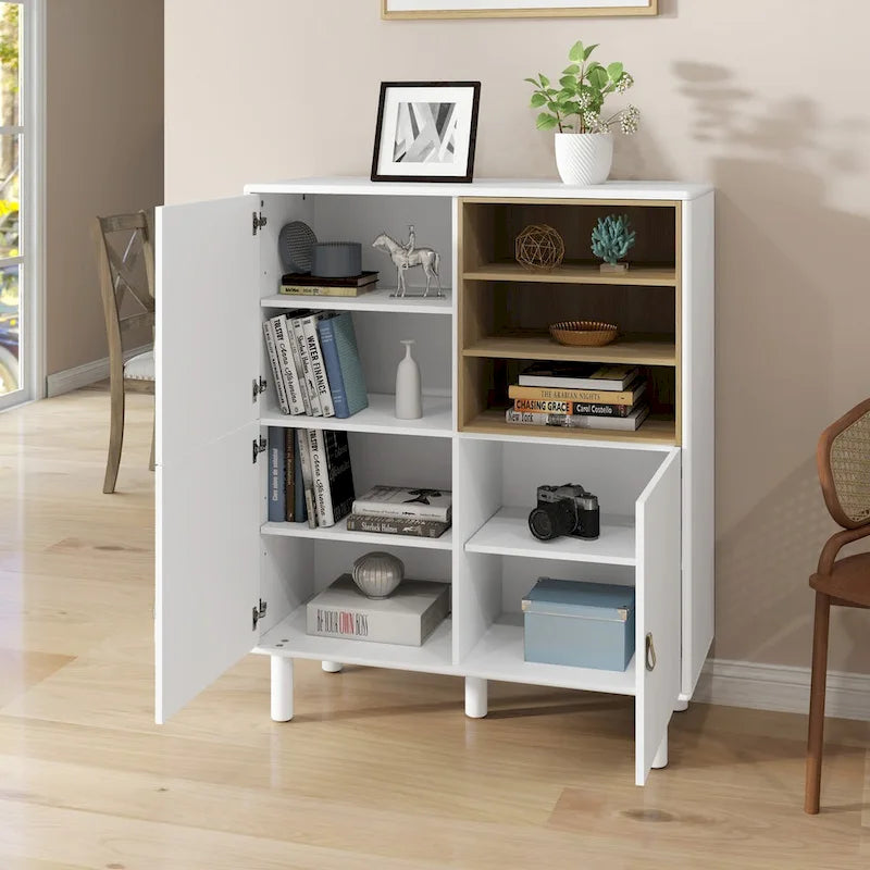 Multifunktionaler Aufbewahrungsschrank mit Tür, modernes Sideboard, Aufbewahrungsschrank aus Holz, Schubladenschrank mit Ledergriffen