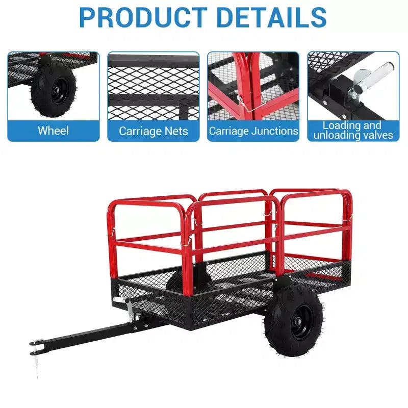 Chariot-benne de jardin, capacité de 1500 lb, remorque tout-terrain robuste en acier de 22 pieds cubes avec 2 roues, chariot extérieur pour tondeuse à gazon, tracteur, VTT et côte à côte