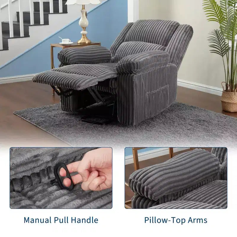 Fauteuil inclinable en velours côtelé, canapé inclinable manuel avec poignée, accoudoirs à plateau rembourré, rembourrage épais, poche latérale, salon, chambre, salle de cinéma maison, gris foncé