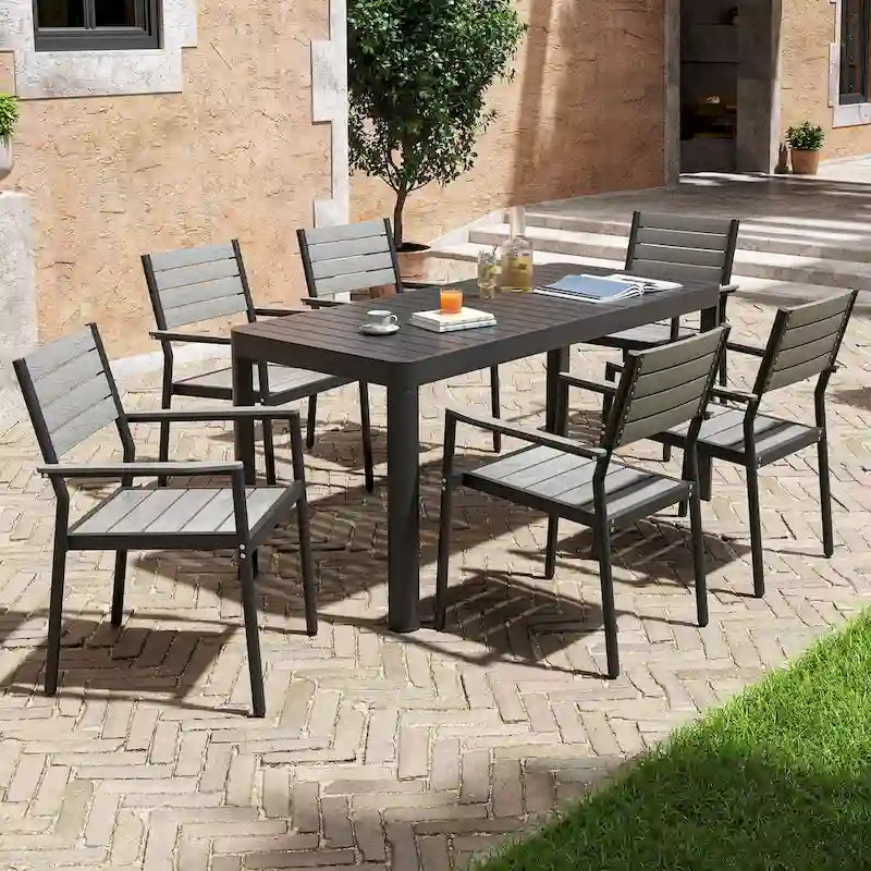 Ensemble de salle à manger d'extérieur en aluminium de 5/7 pièces, avec chaises empilables et table extensible