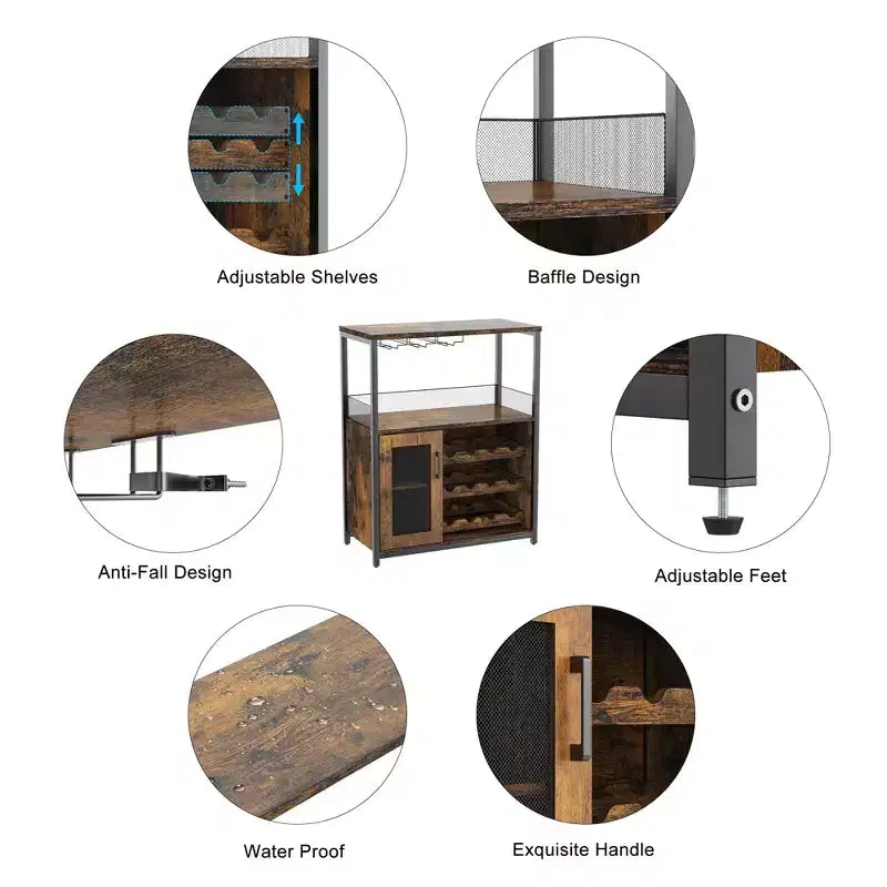 Grijze industriële wijnkast met 3 niveaus (12+ flessen) 36H x 24W x 15D, afneembaar rek, 9 glashouders en verstelbare planken voor thuis of de bar