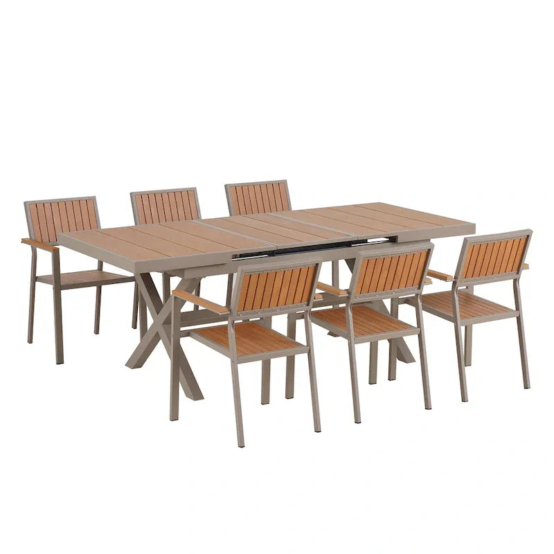 7-delige uitschuifbare eethoek voor buiten met uitschuifbare tafel en 6 stoelen met armleuningen