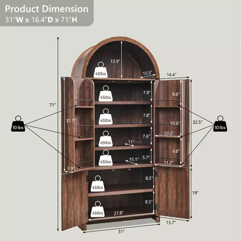 Dispensa da cucina alta 71 con arco, mobile contenitore moderno con 3 ripiani regolabili e 6 ripiani nelle ante, per cucina e soggiorno