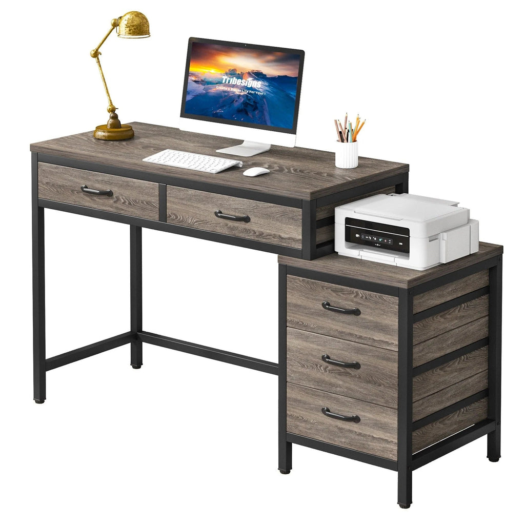 Wendbarer Computerschreibtisch mit 5 Schubladen, Schreibtisch fürs Homeoffice mit Aktenschublade und Druckerständer