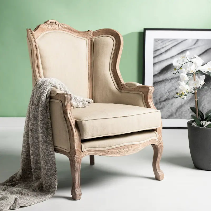 SAFAVIEH Couture Kali-vleugelstoel van eikenhout en natuurlijk linnen - 34Wx34Dx40H
