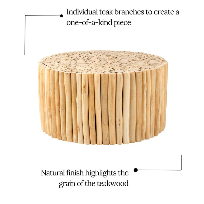 Runder Couchtisch aus massivem Teakholz in Naturbraun mit Astbündel-Design von East at Main