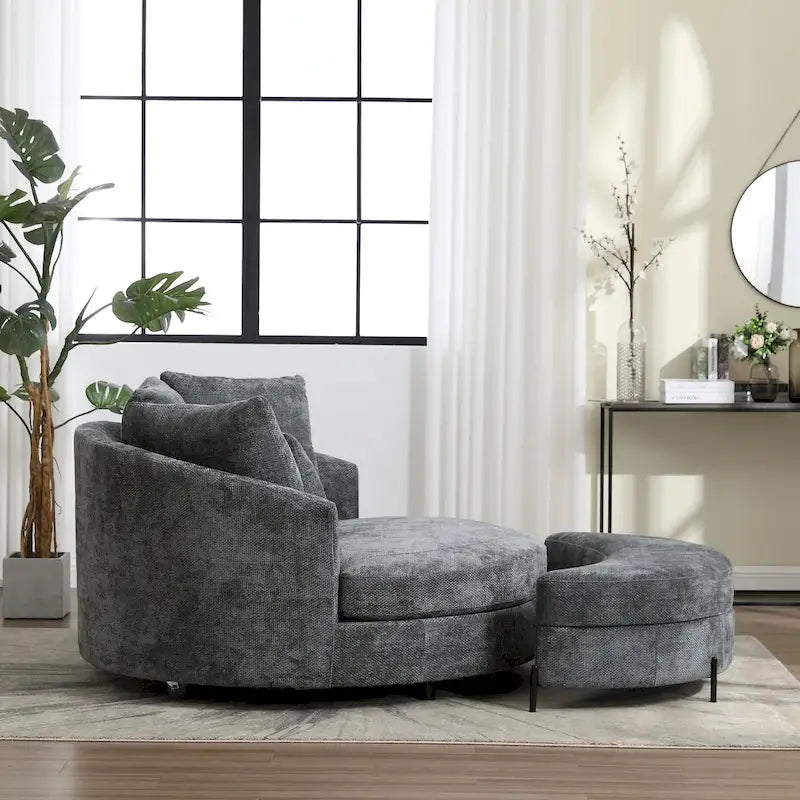 Fauteuil canapé moderne rond de style tonneau avec 5 coussins et pouf en option