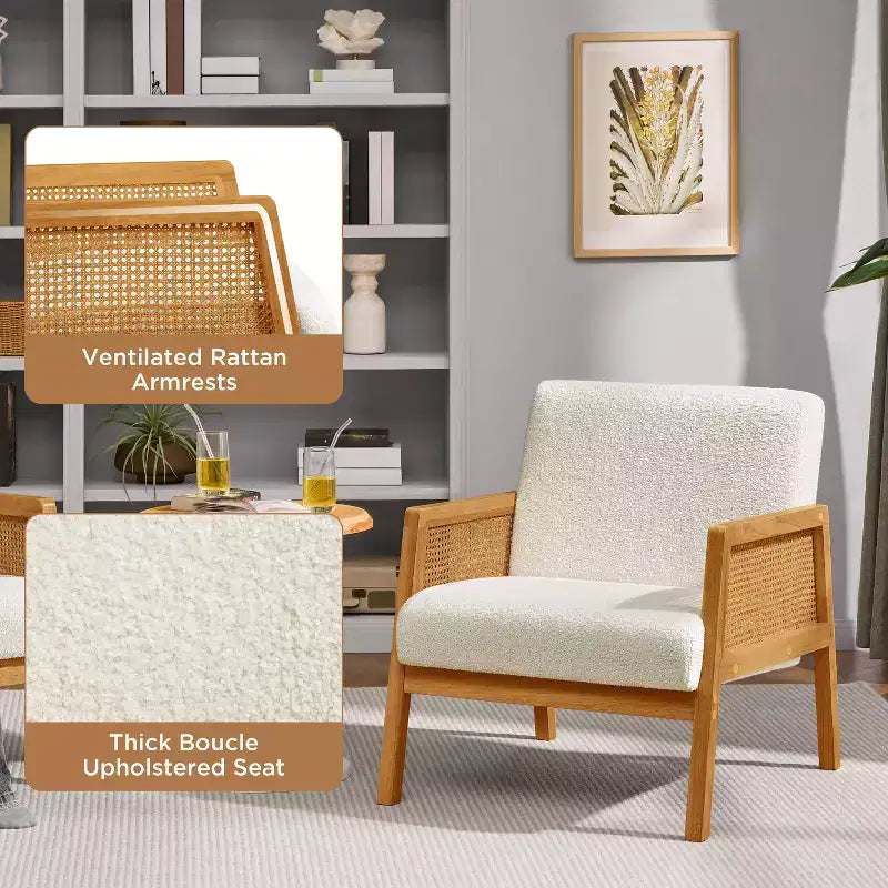 Yaheetech set van 2 gestoffeerde fauteuils met rotan zijkanten voor woonkamers en slaapkamers